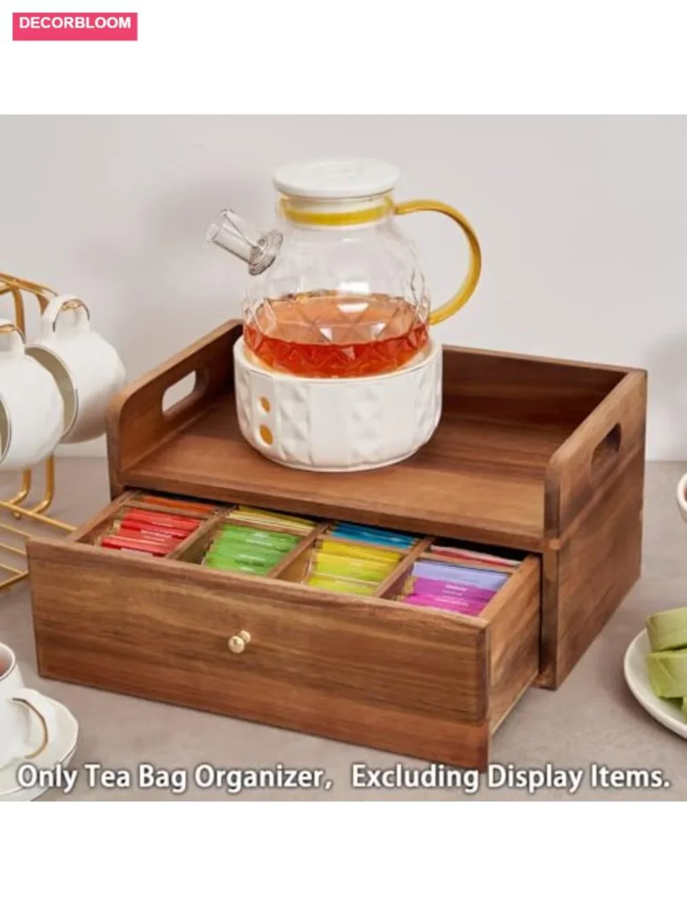 Acacia Wood Tea Bag Organizer with Drawer - 8 Compartments Storage Box